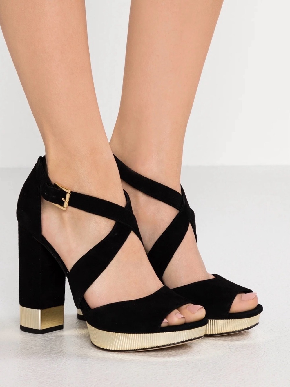 Michael Kors Black Suede Crisscross Platform Sandals with Gold Accent